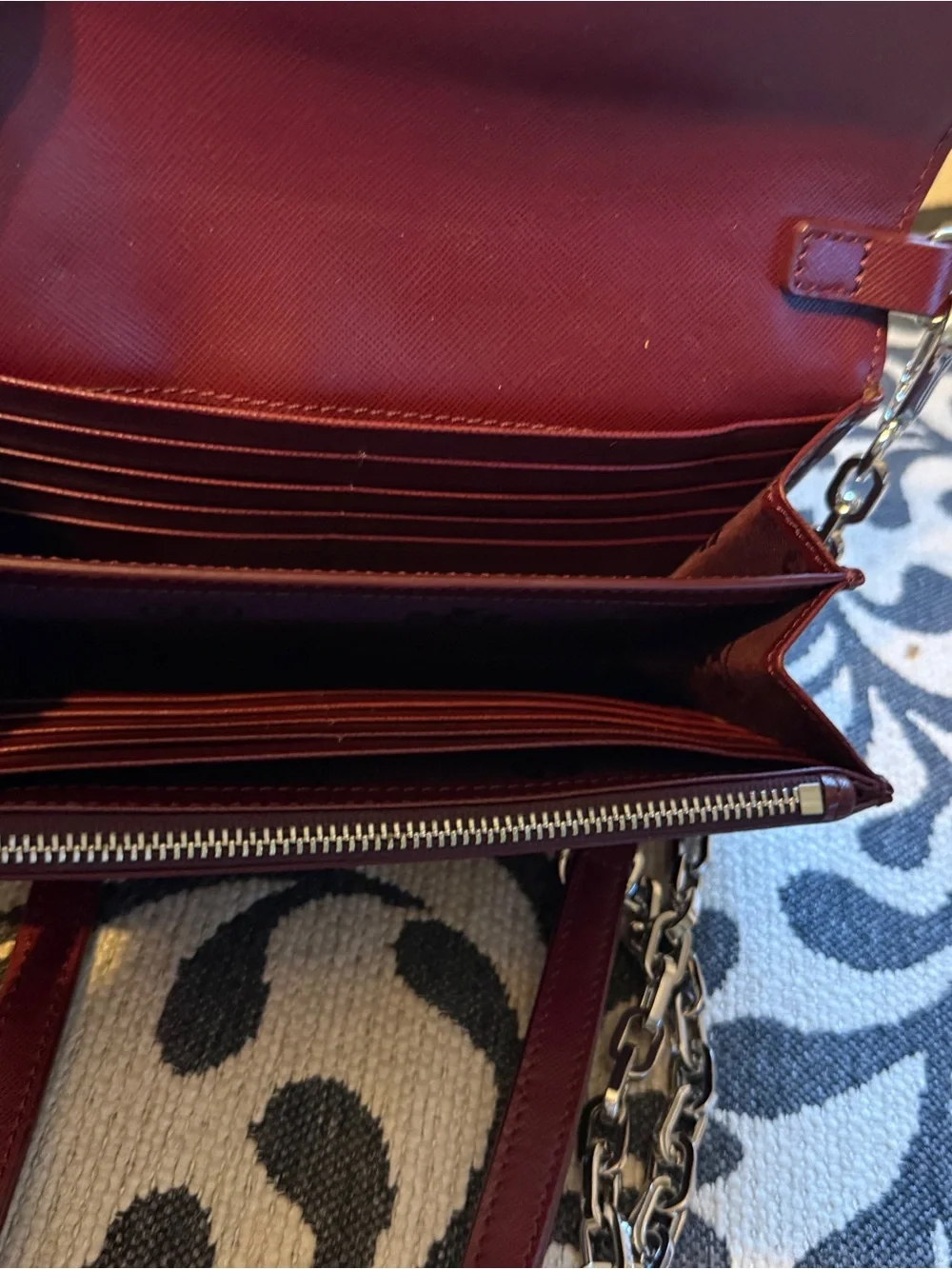 Tory Burch Burgundy Leather Crossbody with Orange Stripe